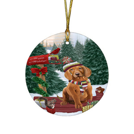 Merry Christmas Woodland Sled Vizsla Dog Round Flat Christmas Ornament RFPOR55420