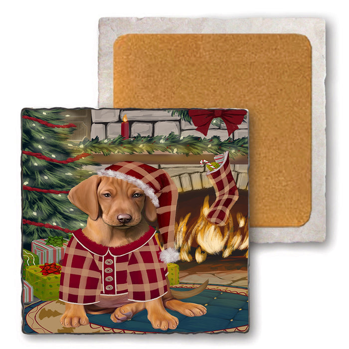 The Stocking was Hung Vizsla Dog Set of 4 Natural Stone Marble Tile Coasters MCST50647