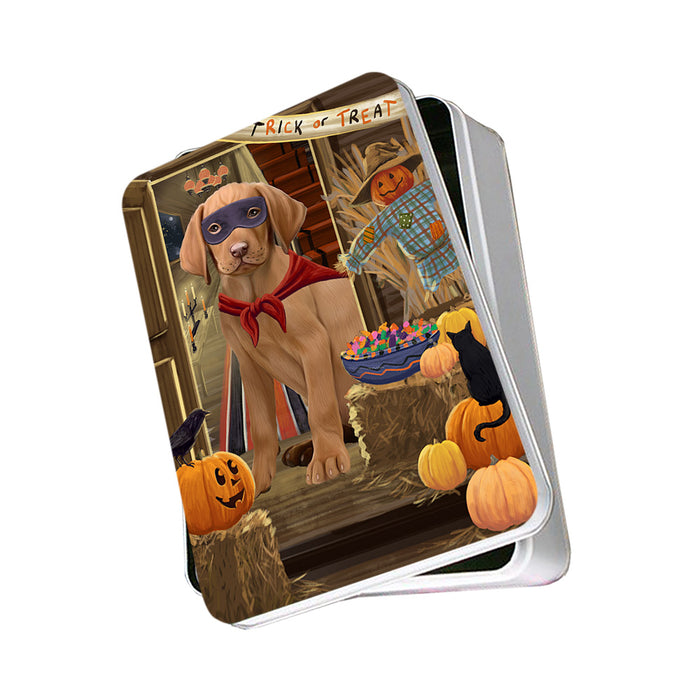 Enter at Own Risk Trick or Treat Halloween Vizsla Dog Photo Storage Tin PITN53325