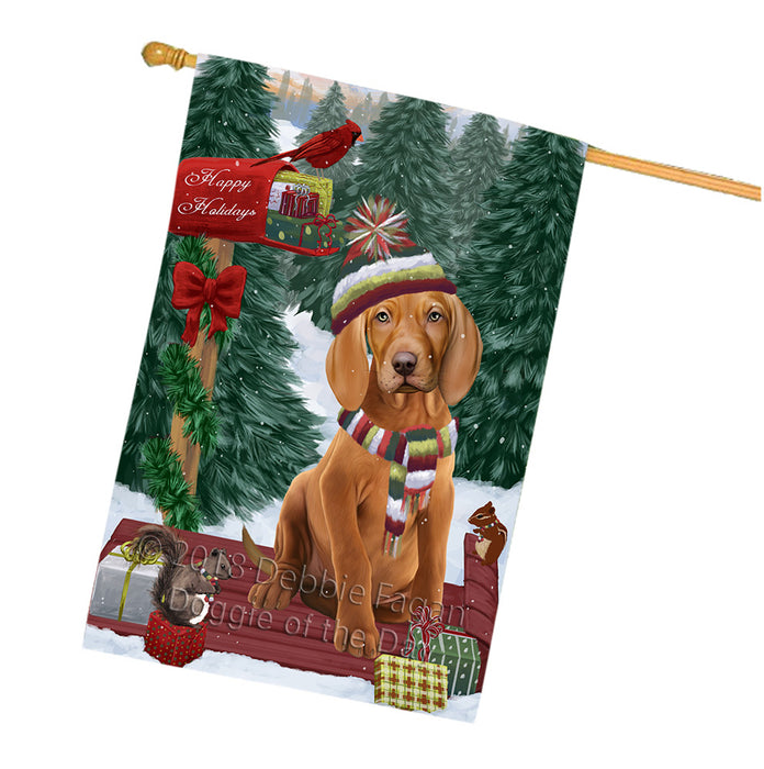 Merry Christmas Woodland Sled Vizsla Dog House Flag FLG55493