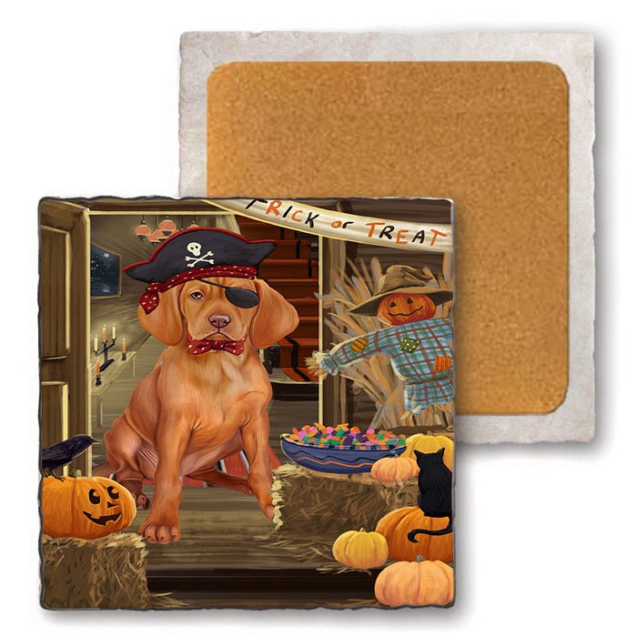 Enter at Own Risk Trick or Treat Halloween Vizsla Dog Set of 4 Natural Stone Marble Tile Coasters MCST48326