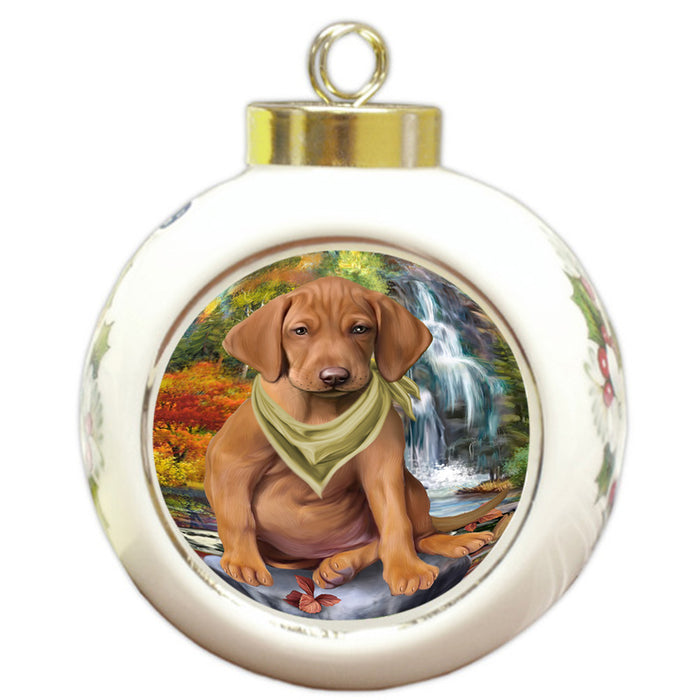 Scenic Waterfall Vizsla Dog Round Ball Christmas Ornament RBPOR51982