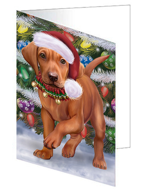 Trotting in the Snow Vizsla Dog Handmade Artwork Assorted Pets Greeting Cards and Note Cards with Envelopes for All Occasions and Holiday Seasons GCD74540