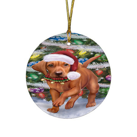 Trotting in the Snow Vizsla Dog Round Flat Christmas Ornament RFPOR57031