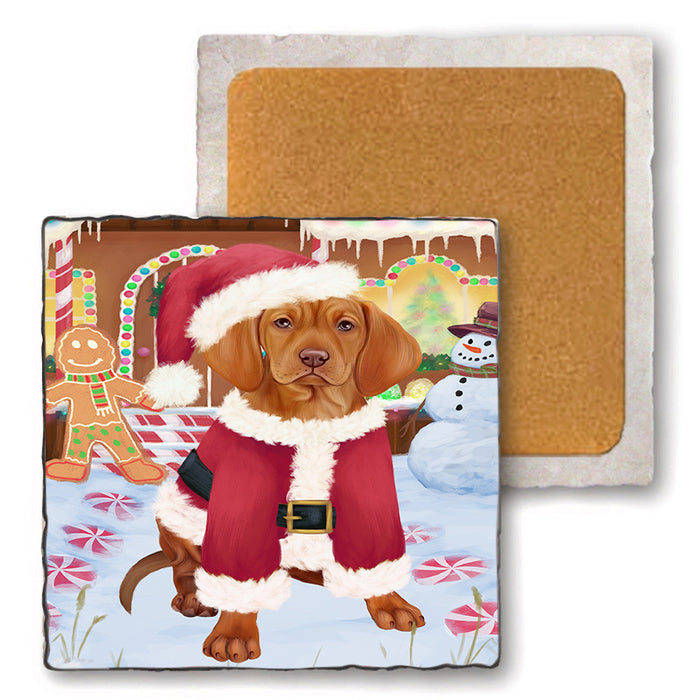 Christmas Gingerbread House Candyfest Vizsla Dog Set of 4 Natural Stone Marble Tile Coasters MCST51586