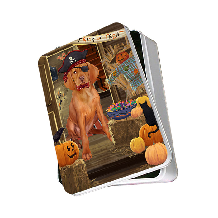 Enter at Own Risk Trick or Treat Halloween Vizsla Dog Photo Storage Tin PITN53326