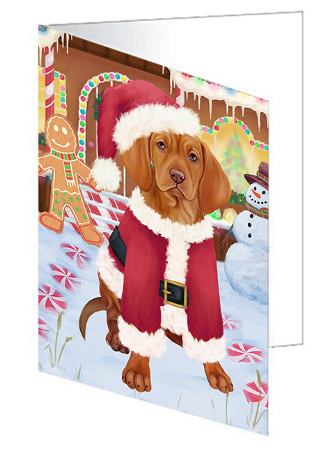 Christmas Gingerbread House Candyfest Vizsla Dog Handmade Artwork Assorted Pets Greeting Cards and Note Cards with Envelopes for All Occasions and Holiday Seasons GCD74273