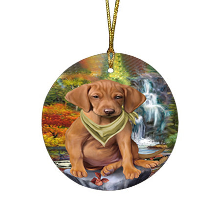 Scenic Waterfall Vizsla Dog Round Flat Christmas Ornament RFPOR51973
