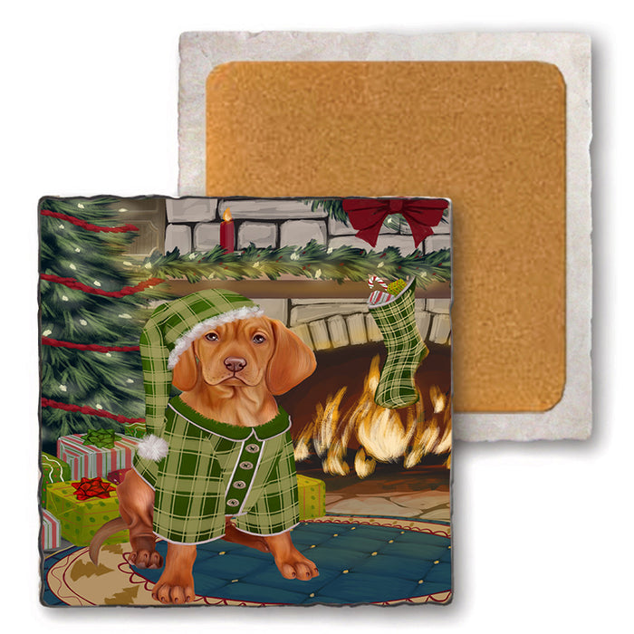 The Stocking was Hung Vizsla Dog Set of 4 Natural Stone Marble Tile Coasters MCST50648