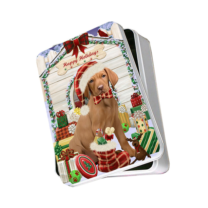 Happy Holidays Christmas Vizsla Dog House With Presents Photo Storage Tin PITN51526