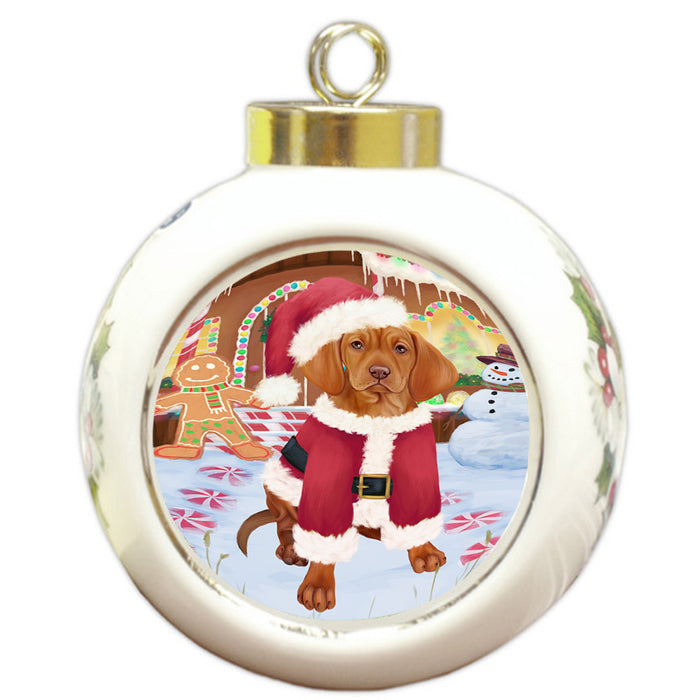 Christmas Gingerbread House Candyfest Vizsla Dog Round Ball Christmas Ornament RBPOR56942