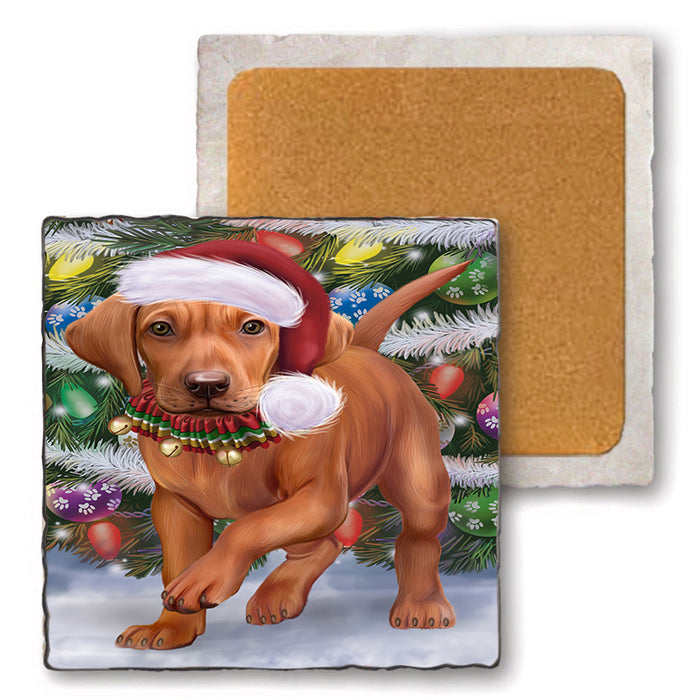 Trotting in the Snow Vizsla Dog Set of 4 Natural Stone Marble Tile Coasters MCST51675