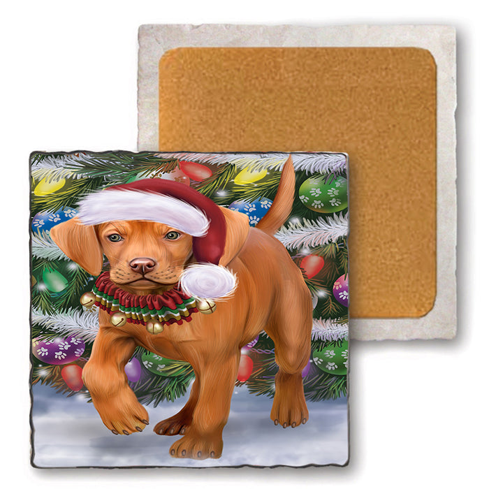 Trotting in the Snow Vizsla Dog Set of 4 Natural Stone Marble Tile Coasters MCST51676