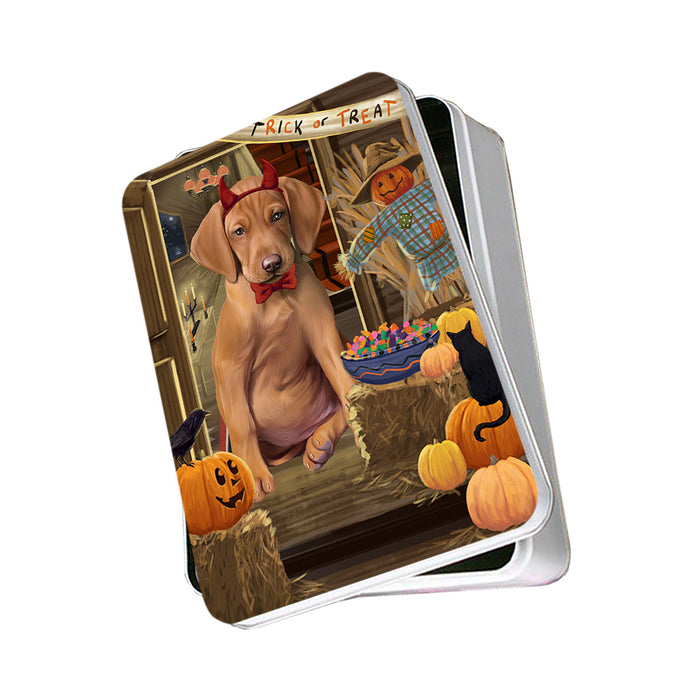 Enter at Own Risk Trick or Treat Halloween Vizsla Dog Photo Storage Tin PITN53327