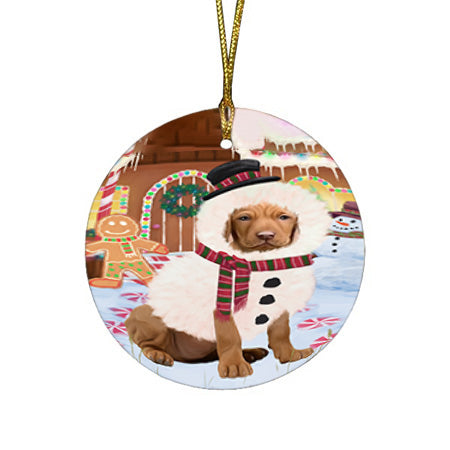 Christmas Gingerbread House Candyfest Vizsla Dog Round Flat Christmas Ornament RFPOR56943