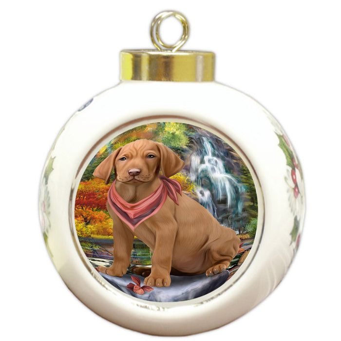 Scenic Waterfall Vizsla Dog Round Ball Christmas Ornament RBPOR51983