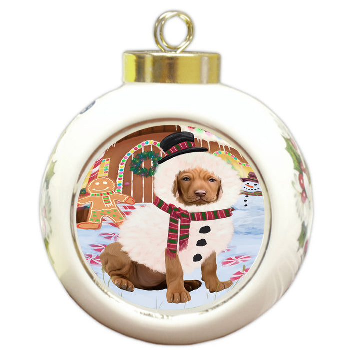 Christmas Gingerbread House Candyfest Vizsla Dog Round Ball Christmas Ornament RBPOR56943