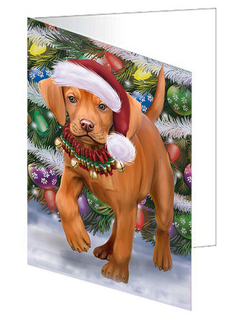 Trotting in the Snow Vizsla Dog Handmade Artwork Assorted Pets Greeting Cards and Note Cards with Envelopes for All Occasions and Holiday Seasons GCD74543