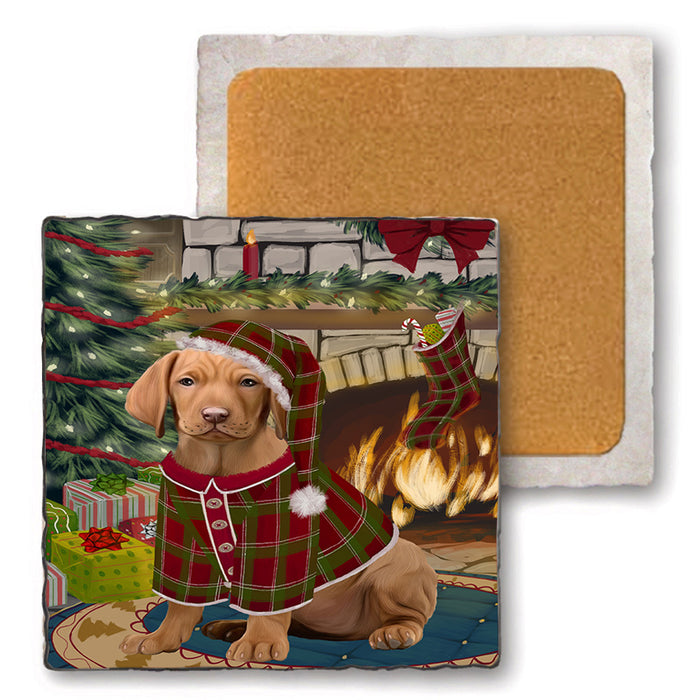 The Stocking was Hung Vizsla Dog Set of 4 Natural Stone Marble Tile Coasters MCST50649