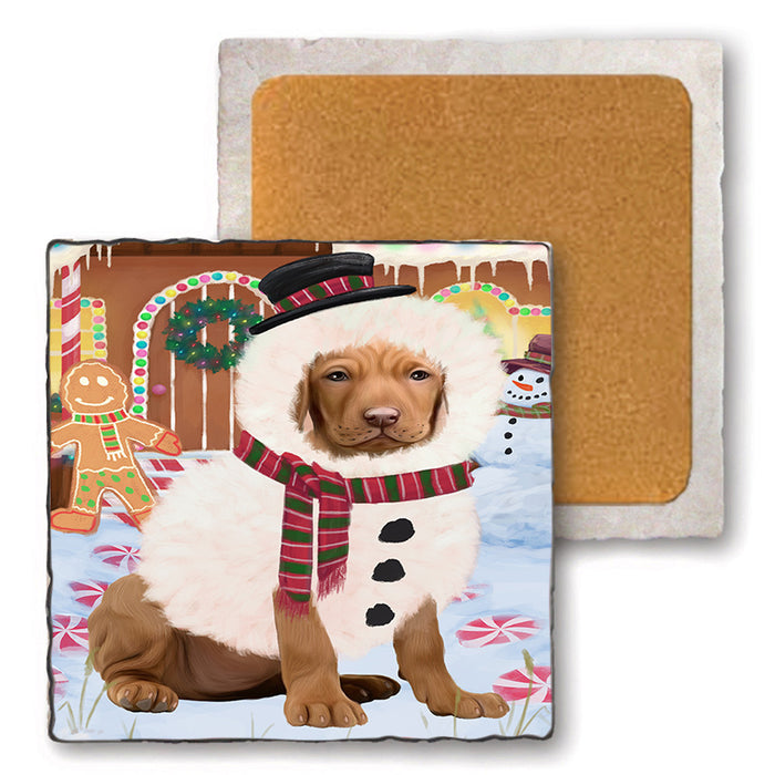 Christmas Gingerbread House Candyfest Vizsla Dog Set of 4 Natural Stone Marble Tile Coasters MCST51587