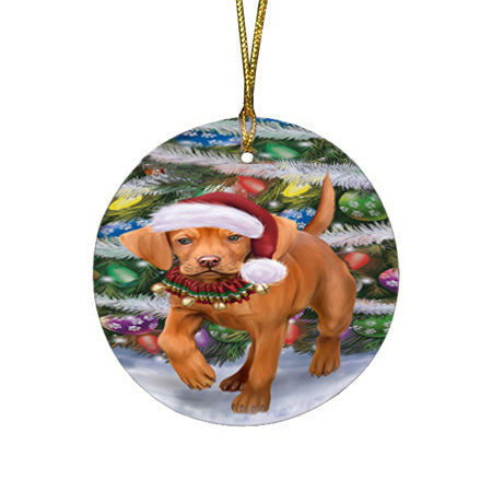 Trotting in the Snow Vizsla Dog Round Flat Christmas Ornament RFPOR57032
