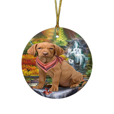 Scenic Waterfall Vizsla Dog Round Flat Christmas Ornament RFPOR51974