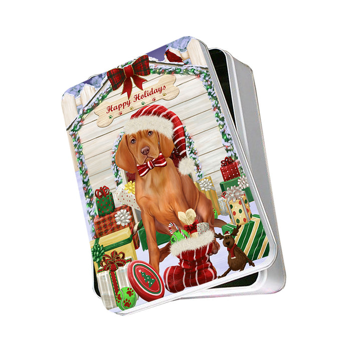 Happy Holidays Christmas Vizsla Dog House With Presents Photo Storage Tin PITN51527