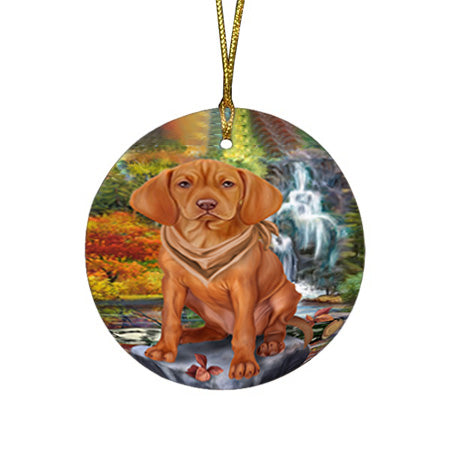 Scenic Waterfall Vizsla Dog Round Flat Christmas Ornament RFPOR51975