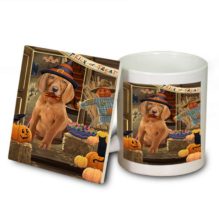 Enter at Own Risk Trick or Treat Halloween Vizsla Dog Mug and Coaster Set MUC53320