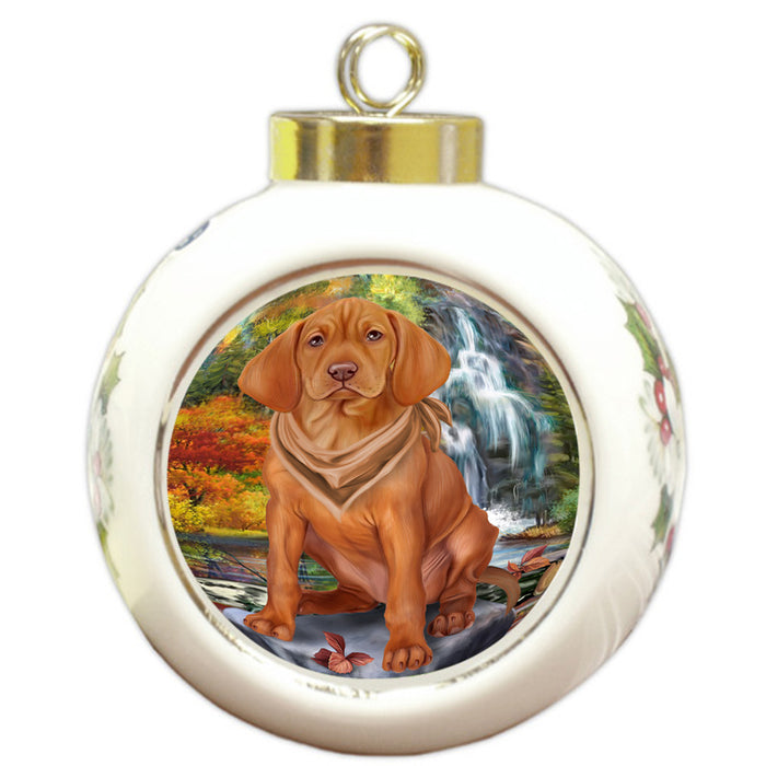 Scenic Waterfall Vizsla Dog Round Ball Christmas Ornament RBPOR51984