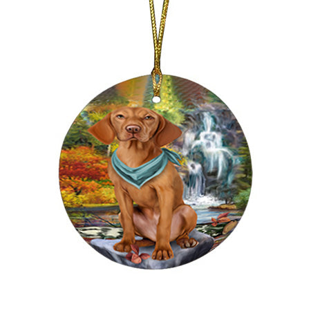 Scenic Waterfall Vizsla Dog Round Flat Christmas Ornament RFPOR51976