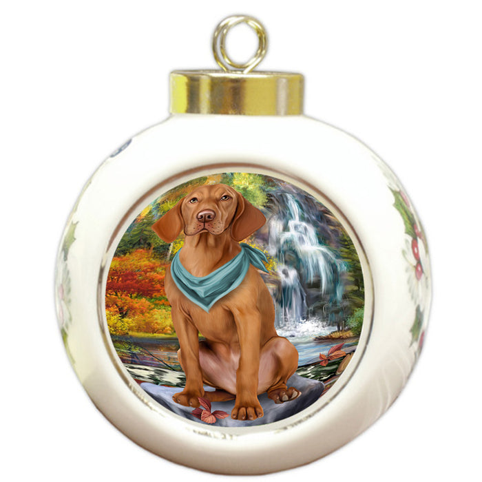 Scenic Waterfall Vizsla Dog Round Ball Christmas Ornament RBPOR51985
