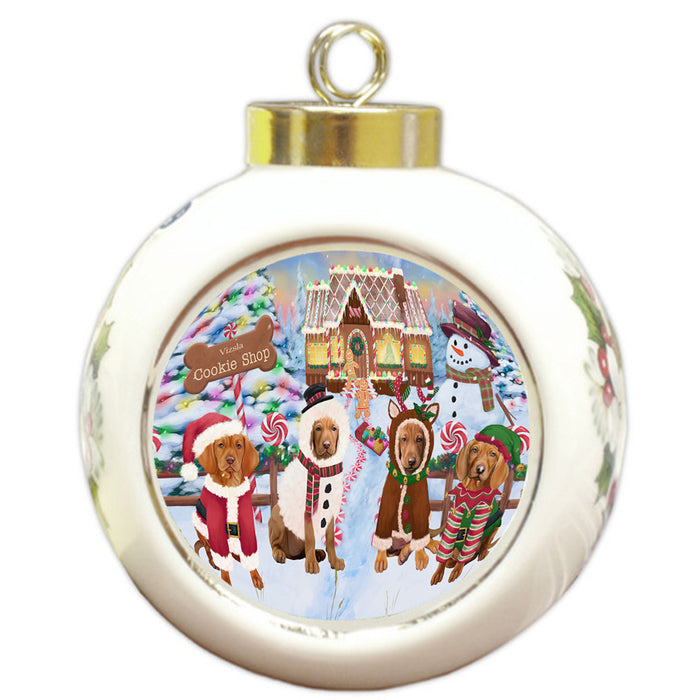 Holiday Gingerbread Cookie Shop Vizslas Dog Round Ball Christmas Ornament RBPOR56985