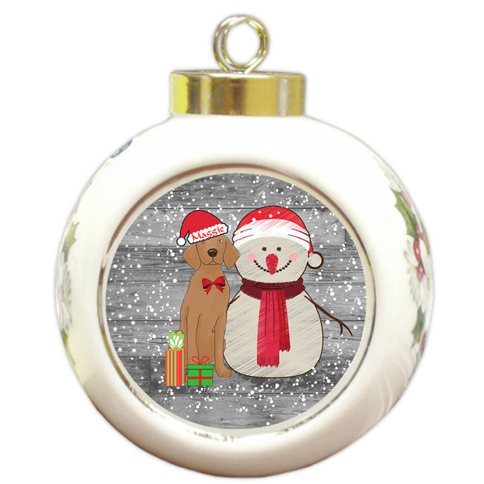 Custom Personalized Snowy Snowman and Vizsla Dog Christmas Round Ball Ornament