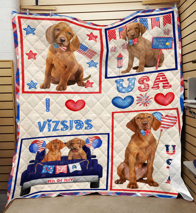 4th of July Independence Day I Love USA Vizsla Dogs Quilt Bed Coverlet Bedspread - Pets Comforter Unique One-side Animal Printing - Soft Lightweight Durable Washable Polyester Quilt