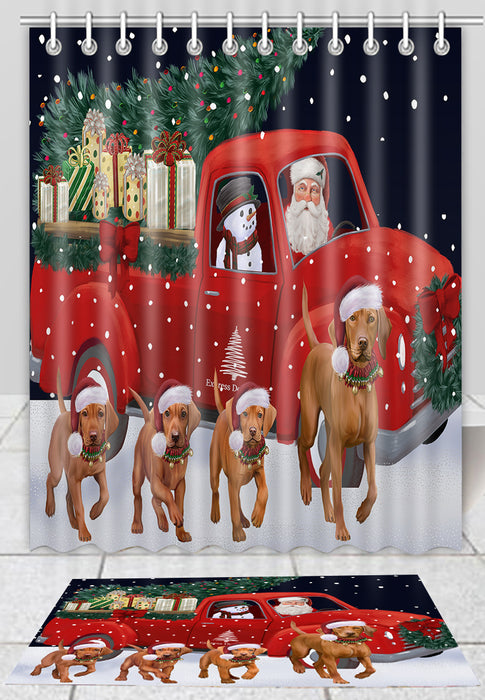 Christmas Express Delivery Red Truck Running Vizsla Dogs Bath Mat and Shower Curtain Combo