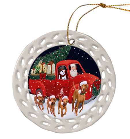 Christmas Express Delivery Red Truck Running Vizsla Dog Doily Ornament DPOR59305