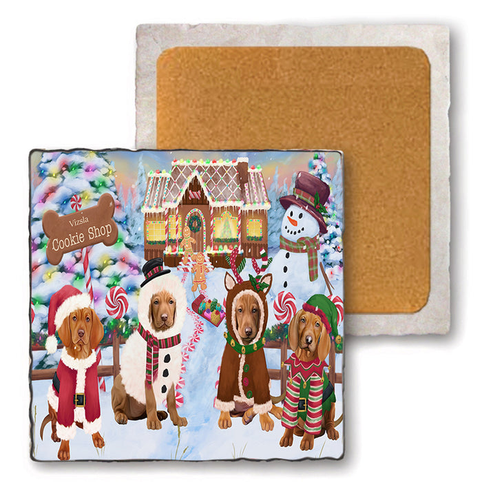 Holiday Gingerbread Cookie Shop Vizslas Dog Set of 4 Natural Stone Marble Tile Coasters MCST51629