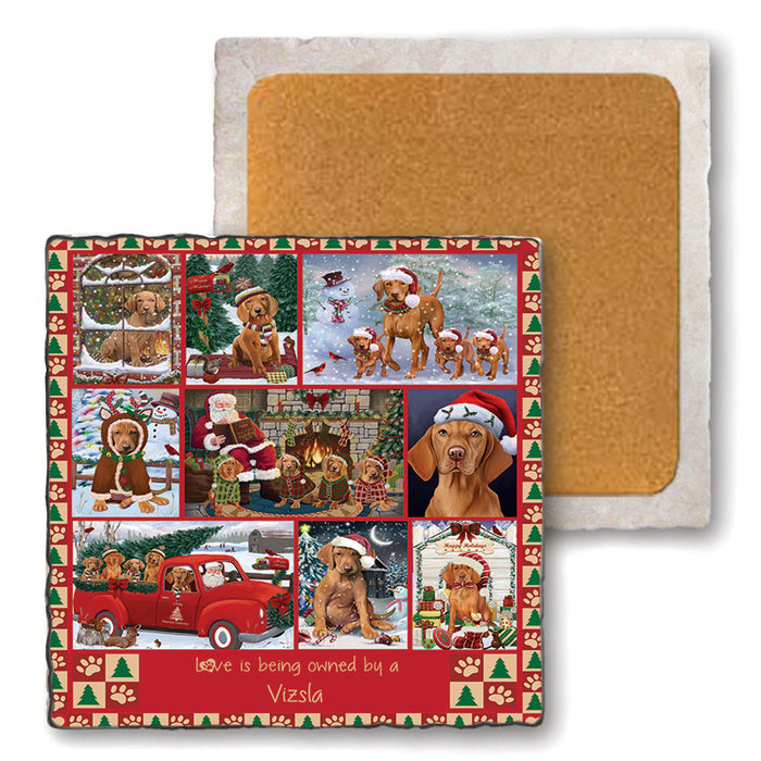 Love is Being Owned Christmas Vizsla Dogs Set of 4 Natural Stone Marble Tile Coasters MCST52264