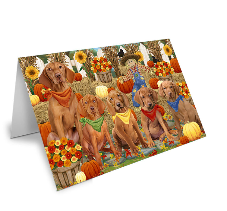 Fall Festive Gathering Vizslas Dog with Pumpkins Handmade Artwork Assorted Pets Greeting Cards and Note Cards with Envelopes for All Occasions and Holiday Seasons GCD56459