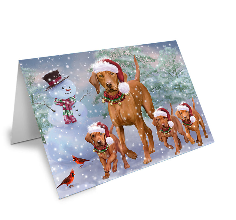 Christmas Running Family Vizslas Dog Handmade Artwork Assorted Pets Greeting Cards and Note Cards with Envelopes for All Occasions and Holiday Seasons GCD74444