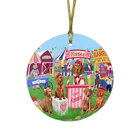 Carnival Kissing Booth Vizslas Dog Round Flat Christmas Ornament RFPOR56403