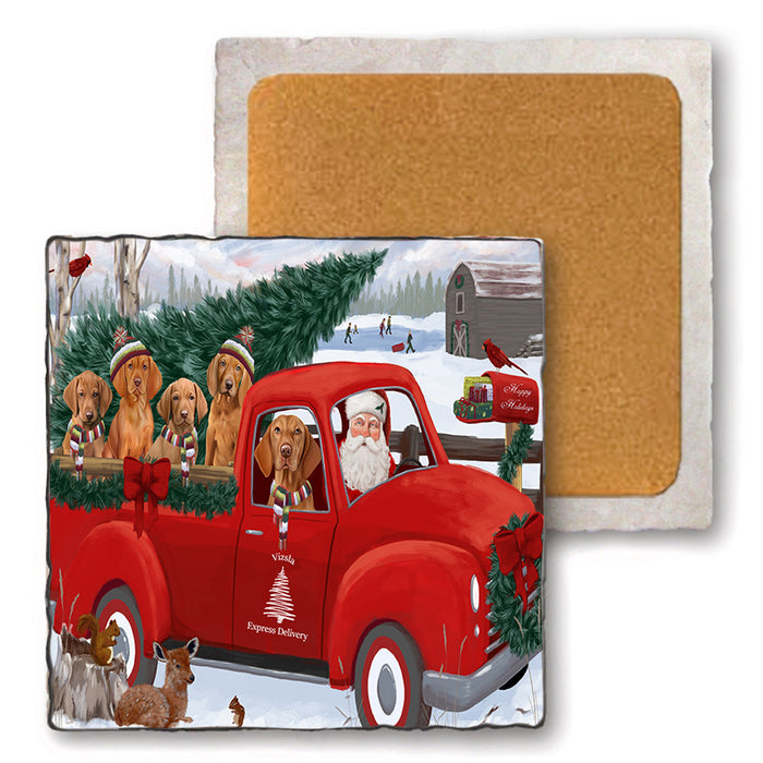 Christmas Santa Express Delivery Vizslas Dog Family Set of 4 Natural Stone Marble Tile Coasters MCST50076