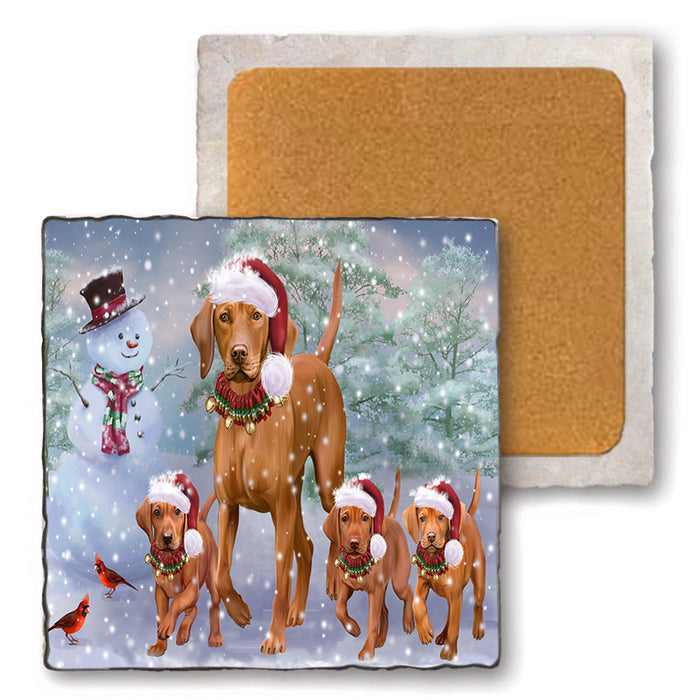 Christmas Running Family Vizslas Dog Set of 4 Natural Stone Marble Tile Coasters MCST51643