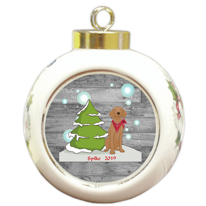 Custom Personalized Winter Scenic Tree and Presents Vizsla Dog Christmas Round Ball Ornament