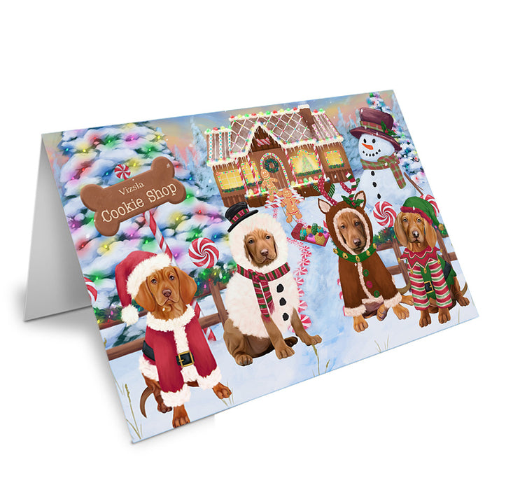 Holiday Gingerbread Cookie Shop Vizslas Dog Handmade Artwork Assorted Pets Greeting Cards and Note Cards with Envelopes for All Occasions and Holiday Seasons GCD74402