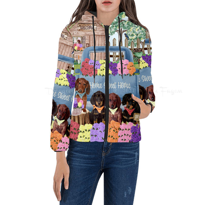 Rhododendron Home Sweet Home Garden Blue Truck Dachshund Dog Women's Padded Puffer Hooded Jacket