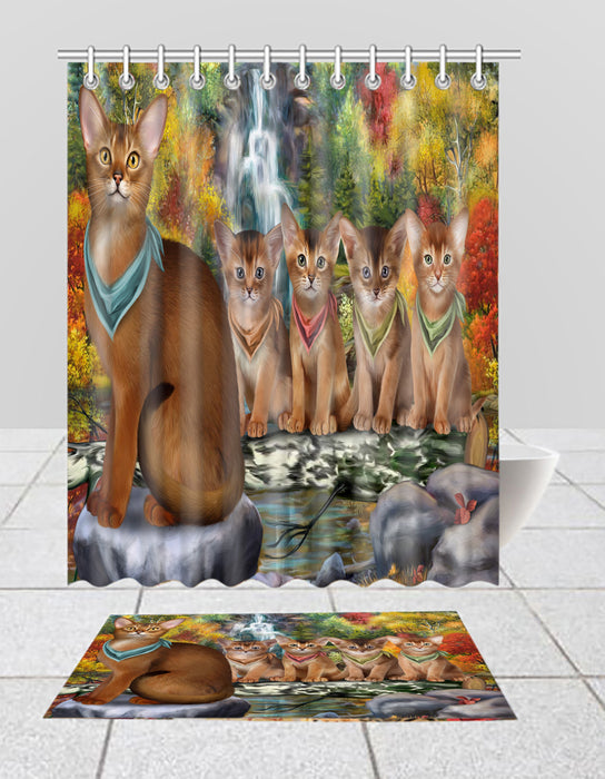 Scenic Waterfall Abyssinian Cats Bath Mat and Shower Curtain Combo