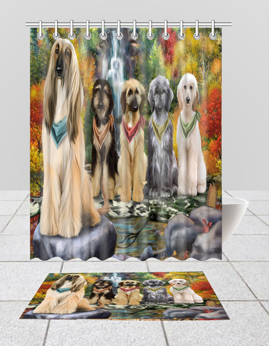 Scenic Waterfall Afghan Hound Dogs Bath Mat and Shower Curtain Combo