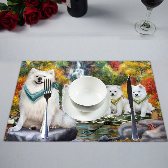 Scenic Waterfall American Eskimo Dogs Placemat